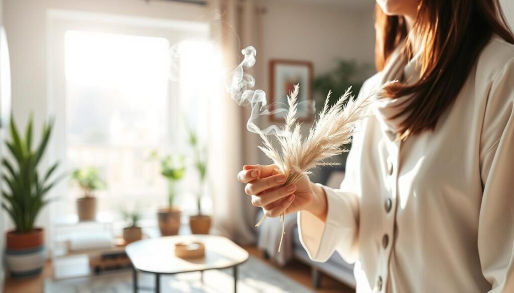 A serene home environment featuring a person performing a cleansing ritual with white sage. In the foreground, a person dressed in modest, professional attire holds a bundle of white sage, producing wisps of smoke. The middle ground showcases a cozy living room with natural light streaming through a large window, plants in pots, and calming decor that suggests tranquility. In the background, a soft, inviting atmosphere is created by a neutral color palette and gentle shadows cast by the sunlight. The scene should evoke a sense of peace and purification, emphasizing the importance of the ritual in creating a fresh, harmonious living space. The overall mood is serene, with an emphasis on clarity and renewal.