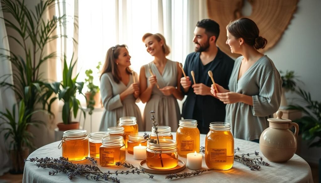 A serene honey ritual scene captured in a beautifully arranged space. Foreground: an elegant table adorned with a variety of honey jars, some open to reveal golden, glistening honey, surrounded by sprigs of lavender and small candles flickering softly. Middle: a diverse group of three people in modest casual clothing, engaged in an intimate and joyful discussion, holding honey dippers and sharing thoughts, reflecting connection and warmth. Background: a softly lit setting featuring plants and gentle textures, with natural sunlight filtering through sheer curtains, casting a warm glow. The atmosphere is inviting and uplifting, evoking a sense of sweetness and harmony in relationships, emphasizing the intention of enhancing connections through the symbolism of honey. A serene honey ritual scene captured in a beautifully arranged space. Foreground: an elegant table adorned with a variety of honey jars, some open to reveal golden, glistening honey, surrounded by sprigs of lavender and small candles flickering softly. Middle: a diverse group of three people in modest casual clothing, engaged in an intimate and joyful discussion, holding honey dippers and sharing thoughts, reflecting connection and warmth. Background: a softly lit setting featuring plants and gentle textures, with natural sunlight filtering through sheer curtains, casting a warm glow. The atmosphere is inviting and uplifting, evoking a sense of sweetness and harmony in relationships, emphasizing the intention of enhancing connections through the symbolism of honey.