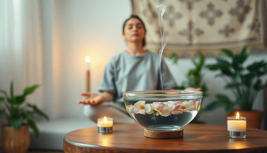 A serene indoor scene depicting a "cleansing ritual after an argument." In the foreground, a small wooden table holds a clear glass bowl filled with water, delicate flower petals floating on its surface. A pair of lit candles softly illuminate the space, casting warm, calming light. In the middle ground, a person dressed in modest casual clothing is gently wafting incense smoke over the bowl, eyes closed in meditation, symbolizing tranquility and reflection. The background features softly blurred green plants and a simple yet elegant tapestry hanging on the wall, enhancing the peaceful atmosphere. The overall mood is one of reconciliation and harmony, inviting viewers to engage in a restorative moment. Use soft, natural lighting to maintain a soothing ambiance, with a focus on calm colors like pale blues and greens.