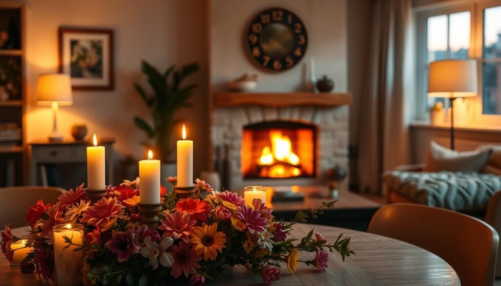 A serene indoor scene depicting light and fire as symbols of hope and happiness. In the foreground, a beautifully arranged table with soft, flickering candles casting warm light, surrounded by vibrant flowers. In the middle ground, a cozy fireplace with dancing flames, illuminating the room with a soft glow. The background features a well-decorated living space with light, earthy colors and gentle textures, creating a welcoming atmosphere. The lighting is warm and inviting, suggesting comfort and serenity. Through a window, soft twilight can be seen, enhancing the peaceful ambiance. The overall mood is tranquil and uplifting, evoking a sense of renewal and positivity. No people are present in this scene.