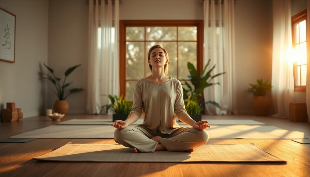 A serene indoor setting capturing the essence of a restorative breathing technique. In the foreground, a person sitting cross-legged on a mat, dressed in modest, light-colored clothing, with closed eyes and a gentle expression, demonstrating a deep breathing posture. In the middle ground, soft green plants are arranged to enhance tranquility, while a subtle beam of warm, golden sunlight filters through a large window, casting gentle shadows. The background features soft, muted colors that promote calmness, with elements like candles and incense to evoke a soothing atmosphere. The image conveys peace, renewal, and mindfulness, focusing on the practice of the “9 cleansing breaths” in a harmonious and inviting space.