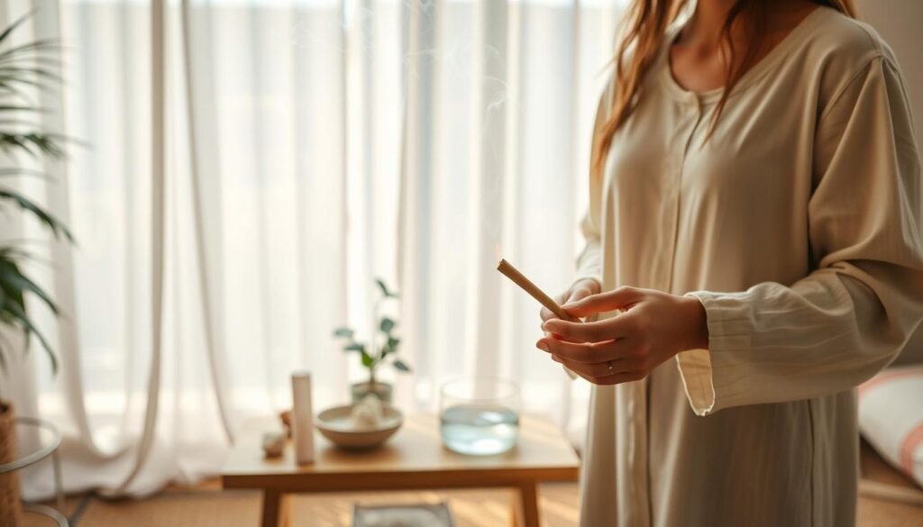A serene indoor setting featuring a beautifully arranged purification ritual with palo santo. In the foreground, a person dressed in modest, casual clothing holds a piece of lit palo santo, releasing wisps of fragrant smoke. The middle ground showcases a small table adorned with natural elements like crystals, a plant, and a bowl of water, symbolizing cleansing and tranquility. In the background, soft, diffused sunlight filters through sheer curtains, creating a warm, inviting atmosphere. The overall mood is one of calmness and spiritual connection, evoking the sense of grounding and renewal associated with the ritual. Use a soft focus lens to enhance the dreamlike quality, emphasizing the gentle motion of the smoke.