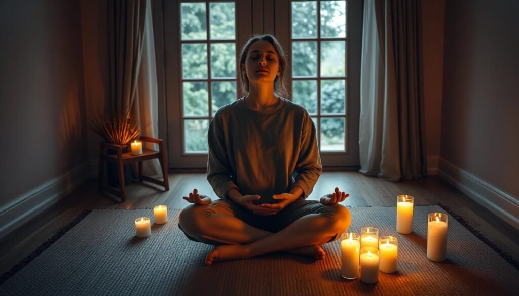 A serene indoor setting, featuring a person in modest casual attire sitting cross-legged on a soft, natural fiber rug. The individual appears to be in a meditative state, eyes closed, and hands resting gently on their knees. Candles flicker softly around them, casting a warm, inviting glow that fills the room with a calming atmosphere. In the background, subtle hints of nature are visible through a window, suggesting a peaceful garden outside. Soft shadows dance along the walls, enhancing the tranquil mood. The scene is captured with a slight overhead angle, inviting the viewer into an intimate space of reflection and release. The lighting emphasizes warmth and tranquility, perfect for illustrating the concept of emotional release and letting go. A serene indoor setting, featuring a person in modest casual attire sitting cross-legged on a soft, natural fiber rug. The individual appears to be in a meditative state, eyes closed, and hands resting gently on their knees. Candles flicker softly around them, casting a warm, inviting glow that fills the room with a calming atmosphere. In the background, subtle hints of nature are visible through a window, suggesting a peaceful garden outside. Soft shadows dance along the walls, enhancing the tranquil mood. The scene is captured with a slight overhead angle, inviting the viewer into an intimate space of reflection and release. The lighting emphasizes warmth and tranquility, perfect for illustrating the concept of emotional release and letting go.