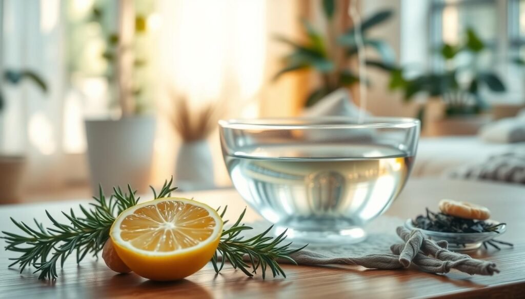 A serene indoor setting featuring a small, elegantly arranged altar for a lemon cleansing ritual. In the foreground, there’s a bright yellow lemon sliced in half, releasing refreshing juice. Beside it, fragrant herbs like rosemary and sage are prominently displayed, with smoldering incense creating a gentle, smoky trail. In the middle ground, a clear glass bowl filled with water reflects soft natural light, hinting at purification and clarity. The background reveals a softly lit room with plants and cozy decor, enhancing the tranquil atmosphere. The warm, inviting lighting casts gentle shadows, creating a serene, calming mood, perfect for invoking a sense of cleansing and renewal.