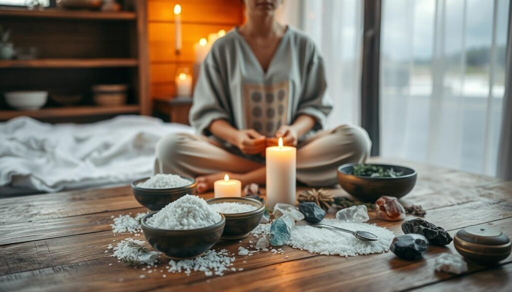 A serene indoor setting for ritual preparation, focusing on a wooden table adorned with natural elements. In the foreground, a woman dressed in modest, flowing clothing sits cross-legged, gently arranging bowls of coarse salt, herbs, and candles. The middle layer features flickering candlelight that casts soft, warm shadows, enhancing the atmosphere of tranquility and focus. Various crystals and ritual tools are neatly placed beside the salt, indicating intentionality in the preparation. In the background, a softly glowing window with sheer curtains filters in daylight, adding a natural glow to the scene. The overall mood is one of calmness and sacredness, evoking feelings of spiritual connection and mindfulness in the ritual practice. A serene indoor setting for ritual preparation, focusing on a wooden table adorned with natural elements. In the foreground, a woman dressed in modest, flowing clothing sits cross-legged, gently arranging bowls of coarse salt, herbs, and candles. The middle layer features flickering candlelight that casts soft, warm shadows, enhancing the atmosphere of tranquility and focus. Various crystals and ritual tools are neatly placed beside the salt, indicating intentionality in the preparation. In the background, a softly glowing window with sheer curtains filters in daylight, adding a natural glow to the scene. The overall mood is one of calmness and sacredness, evoking feelings of spiritual connection and mindfulness in the ritual practice.