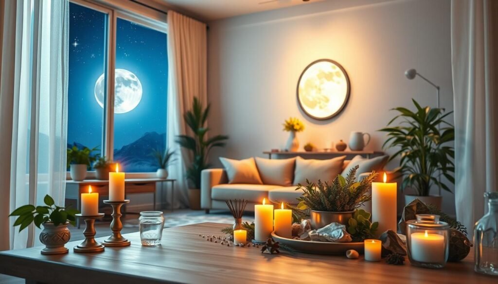 A serene indoor space bathed in soft, silvery moonlight, creating an atmosphere of tranquility and abundance. In the foreground, a beautifully arranged altar featuring candles, crystals, and herbs symbolizes prosperity. The middle ground shows a cozy living room with elegant decor, plants, and a window revealing a full moon shining brightly outside. The background features a peaceful night sky filled with stars, enhancing the sense of divine energy. Use warm, soft lighting to evoke feelings of comfort and anticipation. The image should have a calm, inviting mood, reflecting readiness and openness to attract wealth and success. Capture this setting with a soft-focus lens effect for a dreamy quality. A serene indoor space bathed in soft, silvery moonlight, creating an atmosphere of tranquility and abundance. In the foreground, a beautifully arranged altar featuring candles, crystals, and herbs symbolizes prosperity. The middle ground shows a cozy living room with elegant decor, plants, and a window revealing a full moon shining brightly outside. The background features a peaceful night sky filled with stars, enhancing the sense of divine energy. Use warm, soft lighting to evoke feelings of comfort and anticipation. The image should have a calm, inviting mood, reflecting readiness and openness to attract wealth and success. Capture this setting with a soft-focus lens effect for a dreamy quality.
