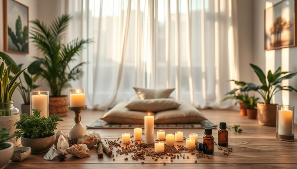 A serene indoor space designed for energy cleansing rituals. In the foreground, a beautifully arranged altar with natural crystals, vibrant plants, and aromatic candles flickering softly. In the middle, a comfortable meditation cushion surrounded by scattered herbs and essential oils, hinting at preparation for a ritual. The background features soft, warm lighting that creates a tranquil atmosphere, with light filtering through sheer curtains, casting gentle shadows. The walls adorned with calming artwork depicting nature, reinforcing a peaceful ambiance. The overall mood conveys readiness and intention, inviting focus and clarity, suitable for a moment of spiritual cleansing and energy unlocking. A serene indoor space designed for energy cleansing rituals. In the foreground, a beautifully arranged altar with natural crystals, vibrant plants, and aromatic candles flickering softly. In the middle, a comfortable meditation cushion surrounded by scattered herbs and essential oils, hinting at preparation for a ritual. The background features soft, warm lighting that creates a tranquil atmosphere, with light filtering through sheer curtains, casting gentle shadows. The walls adorned with calming artwork depicting nature, reinforcing a peaceful ambiance. The overall mood conveys readiness and intention, inviting focus and clarity, suitable for a moment of spiritual cleansing and energy unlocking.