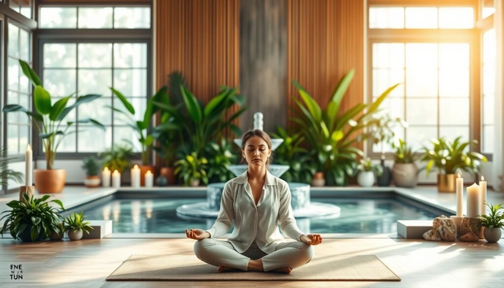 A serene indoor space designed for energy renewal, featuring a central focal point of a calming water fountain surrounded by lush green plants. In the foreground, a meditative figure, dressed in modest, professional attire, sits cross-legged on a soft mat, eyes gently closed in deep concentration. Soft, golden light filters through large windows, casting delicate shadows that enhance a sense of tranquility. The middle ground includes neatly arranged crystals and candles, softly glowing, representing healing energy. In the background, the walls are adorned with natural elements like wood and stone, creating an earthy ambiance. The overall mood conveys peace, rejuvenation, and clarity, evoking a sense of renewed motivation and focus, ideal for facilitating a shift away from stagnation. A serene indoor space designed for energy renewal, featuring a central focal point of a calming water fountain surrounded by lush green plants. In the foreground, a meditative figure, dressed in modest, professional attire, sits cross-legged on a soft mat, eyes gently closed in deep concentration. Soft, golden light filters through large windows, casting delicate shadows that enhance a sense of tranquility. The middle ground includes neatly arranged crystals and candles, softly glowing, representing healing energy. In the background, the walls are adorned with natural elements like wood and stone, creating an earthy ambiance. The overall mood conveys peace, rejuvenation, and clarity, evoking a sense of renewed motivation and focus, ideal for facilitating a shift away from stagnation.