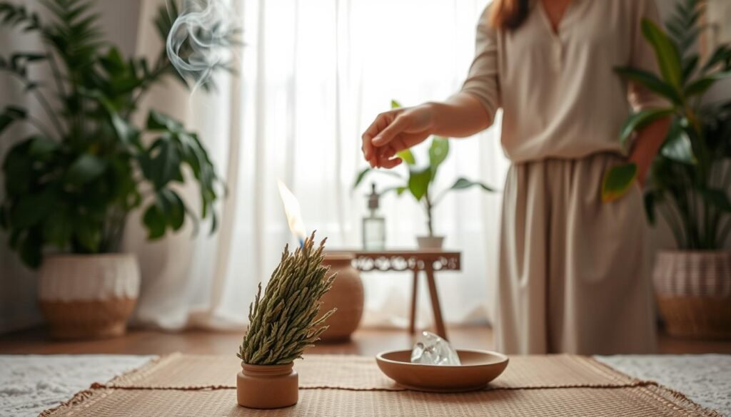 A serene indoor space featuring a person in modest, casual attire, carefully preparing to cleanse the room with sage. In the foreground, a bundle of sage is being lit, releasing wisps of smoke that curl gracefully upwards. The middle ground shows a small, decorated table with a ceramic dish for catching ashes and a crystal nearby, suggesting positive energy. In the background, soft, natural light filters through sheer curtains, creating a tranquil atmosphere. The scene is framed by lush houseplants, enhancing the calm and peaceful mood. The composition emphasizes the ritualistic nature of sage smudging, encouraging a sense of mindfulness and intention. A serene indoor space featuring a person in modest, casual attire, carefully preparing to cleanse the room with sage. In the foreground, a bundle of sage is being lit, releasing wisps of smoke that curl gracefully upwards. The middle ground shows a small, decorated table with a ceramic dish for catching ashes and a crystal nearby, suggesting positive energy. In the background, soft, natural light filters through sheer curtains, creating a tranquil atmosphere. The scene is framed by lush houseplants, enhancing the calm and peaceful mood. The composition emphasizes the ritualistic nature of sage smudging, encouraging a sense of mindfulness and intention.