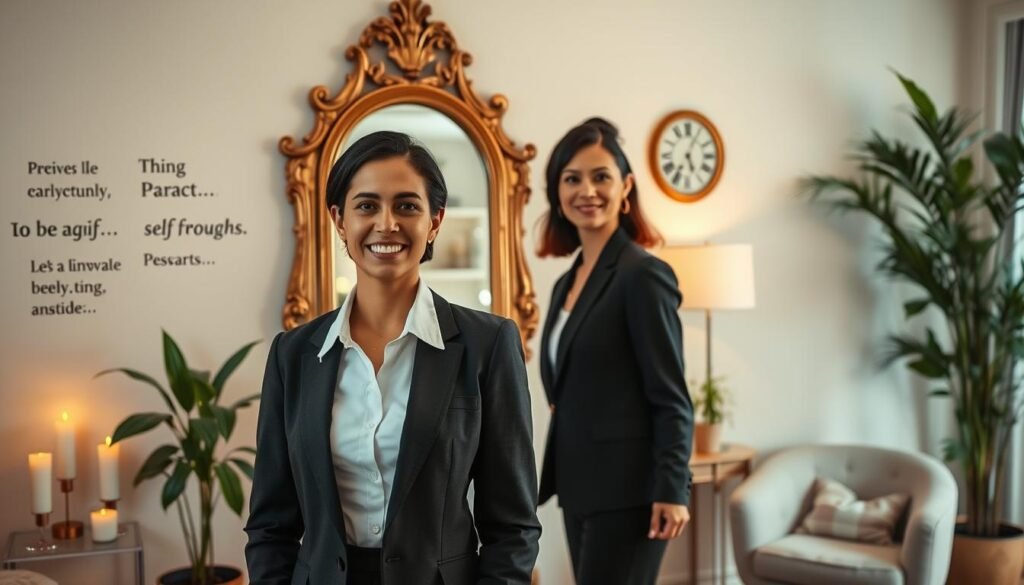 A serene indoor space featuring a well-organized and inviting atmosphere. In the foreground, a person in professional business attire stands confidently before an elegant, ornate mirror, reflecting a warm expression. The middle ground showcases a softly lit room with subtle elements of self-improvement, including inspirational quotes on the walls and candles emitting a gentle glow. In the background, plants add life and vibrancy to the space, while a cozy chair invites contemplation. The lighting is warm and natural, creating a sense of tranquility and confidence. The angle is slightly elevated, capturing a balanced view of the person and their reflection, evoking a mood of empowerment and self-assurance. A serene indoor space featuring a well-organized and inviting atmosphere. In the foreground, a person in professional business attire stands confidently before an elegant, ornate mirror, reflecting a warm expression. The middle ground showcases a softly lit room with subtle elements of self-improvement, including inspirational quotes on the walls and candles emitting a gentle glow. In the background, plants add life and vibrancy to the space, while a cozy chair invites contemplation. The lighting is warm and natural, creating a sense of tranquility and confidence. The angle is slightly elevated, capturing a balanced view of the person and their reflection, evoking a mood of empowerment and self-assurance.