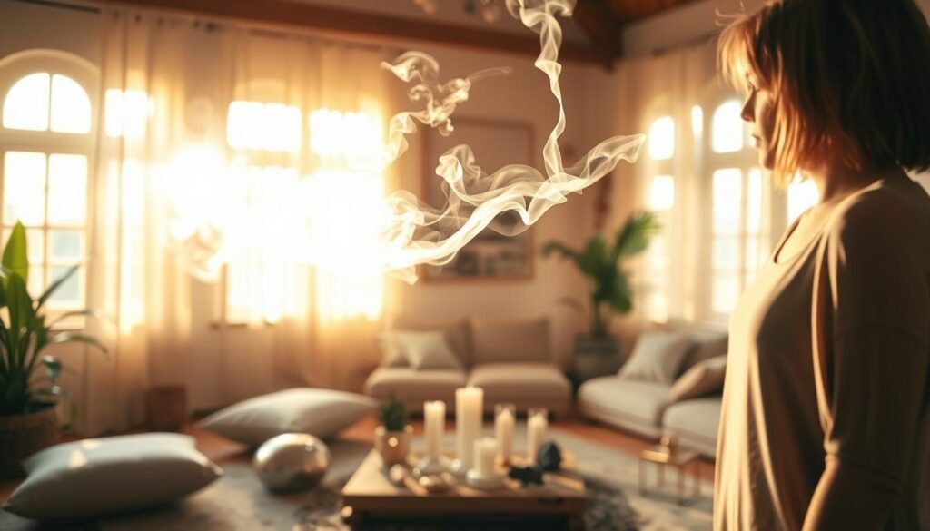 A serene indoor space filled with warm, golden natural light. In the foreground, a person in modest casual clothing is gently waving white sage, creating a soft trail of smoke that rises elegantly. The middle ground features a small, well-arranged altar with crystals and candles, emphasizing tranquility and focus. In the background, a cozy, inviting ambiance is created by soft cushions and plants, enhancing the sense of calmness and rejuvenation. The scene captures an atmosphere of spiritual cleansing and energy renewal, with a focus on the ritualistic aspect of using white sage for energy unblocking. The camera angle is slightly elevated, providing a clear view of the entire ritual setup while emphasizing the wispy smoke. The overall mood is peaceful and restorative, inviting viewers to engage in their own energy practices. A serene indoor space filled with warm, golden natural light. In the foreground, a person in modest casual clothing is gently waving white sage, creating a soft trail of smoke that rises elegantly. The middle ground features a small, well-arranged altar with crystals and candles, emphasizing tranquility and focus. In the background, a cozy, inviting ambiance is created by soft cushions and plants, enhancing the sense of calmness and rejuvenation. The scene captures an atmosphere of spiritual cleansing and energy renewal, with a focus on the ritualistic aspect of using white sage for energy unblocking. The camera angle is slightly elevated, providing a clear view of the entire ritual setup while emphasizing the wispy smoke. The overall mood is peaceful and restorative, inviting viewers to engage in their own energy practices.