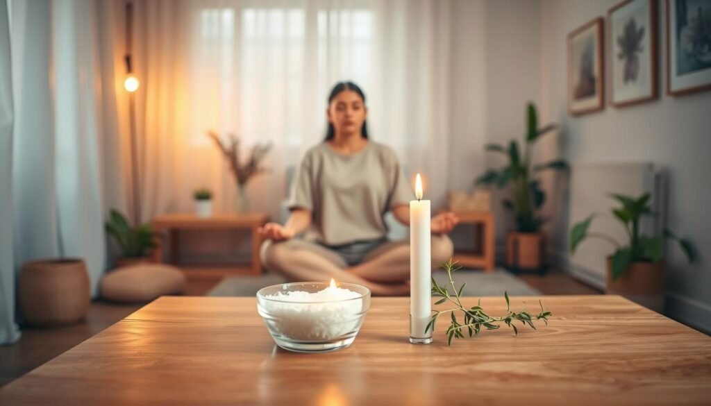 A serene indoor space, softly illuminated by warm, diffused natural light filtering through sheer curtains. In the foreground, a simple wooden table holds a few essential items: a small bowl of salt, a lit white candle, and a sprig of fresh herbs, symbolizing intention and purification. The middle ground features a person in modest casual clothing, meditating with closed eyes, their hands resting gently on their knees, exuding a sense of calm and focus. The background showcases a cozy, clean room adorned with plants and calming artwork, creating a peaceful atmosphere. The mood is tranquil and introspective, emphasizing preparation and mindfulness before a protective ritual against negative energy. The composition is balanced, inviting the viewer to reflect on the process of setting intention, choosing the right space, and clearing the mind. A serene indoor space, softly illuminated by warm, diffused natural light filtering through sheer curtains. In the foreground, a simple wooden table holds a few essential items: a small bowl of salt, a lit white candle, and a sprig of fresh herbs, symbolizing intention and purification. The middle ground features a person in modest casual clothing, meditating with closed eyes, their hands resting gently on their knees, exuding a sense of calm and focus. The background showcases a cozy, clean room adorned with plants and calming artwork, creating a peaceful atmosphere. The mood is tranquil and introspective, emphasizing preparation and mindfulness before a protective ritual against negative energy. The composition is balanced, inviting the viewer to reflect on the process of setting intention, choosing the right space, and clearing the mind.