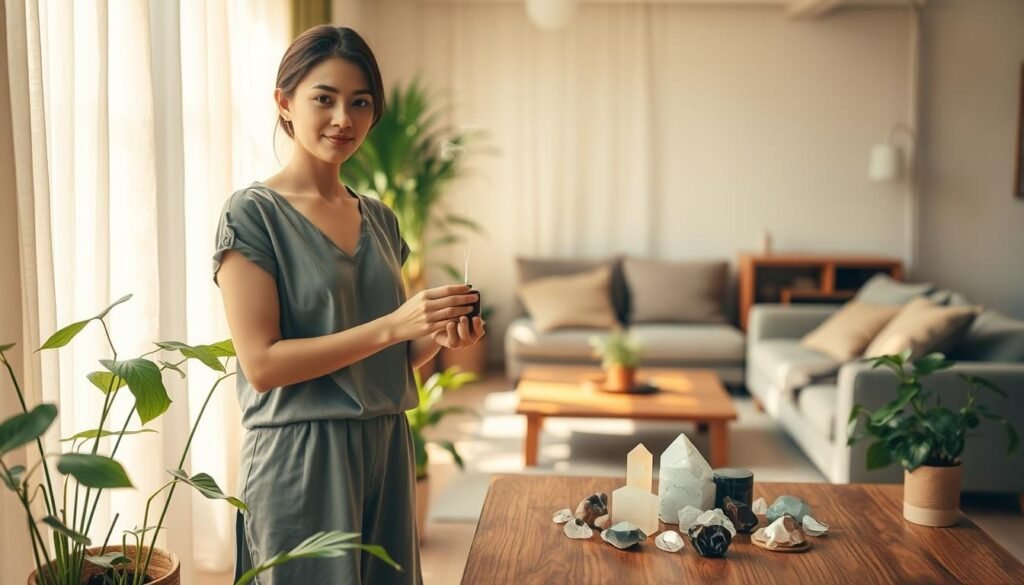 A serene indoor space, softly illuminated by warm, natural light filtering through sheer curtains. In the foreground, a person dressed in modest casual clothing stands with a gentle expression, holding a small, hand-crafted incense holder, releasing wisps of fragrant smoke. Surrounding them, indoor plants with lush green leaves create a calming environment. In the middle ground, an array of crystals placed on a wooden table catches the light, symbolizing harmony and energy cleansing. In the background, a cozy living room with comfortable furniture and subtle earth tones adds to the peaceful atmosphere. The image conveys a sense of tranquility and renewal, inviting the viewer to feel the purifying energy in the air. A serene indoor space, softly illuminated by warm, natural light filtering through sheer curtains. In the foreground, a person dressed in modest casual clothing stands with a gentle expression, holding a small, hand-crafted incense holder, releasing wisps of fragrant smoke. Surrounding them, indoor plants with lush green leaves create a calming environment. In the middle ground, an array of crystals placed on a wooden table catches the light, symbolizing harmony and energy cleansing. In the background, a cozy living room with comfortable furniture and subtle earth tones adds to the peaceful atmosphere. The image conveys a sense of tranquility and renewal, inviting the viewer to feel the purifying energy in the air.