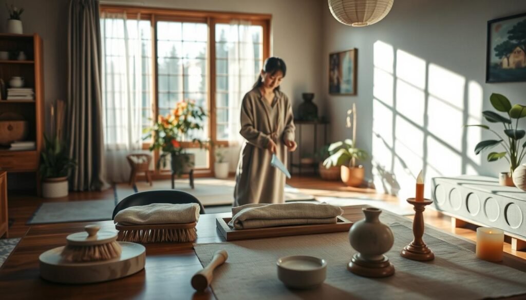 A serene interior scene of a cozy home during the Oosouji ritual, emphasizing cleanliness and peace before a full moon. In the foreground, an elegantly arranged table with neatly placed traditional cleaning tools: brushes, cloths, and scented candles. In the middle ground, a person in modest casual clothing meticulously wipes down surfaces, with a peaceful expression, embodying focus and mindfulness. Natural light floods the room through a large window, casting soft shadows and highlighting the warm colors of the decor. In the background, a glimpse of a tidy living room with plants and calming artwork, contributing to a tranquil atmosphere. The overall mood is serene and reflective, perfect for welcoming positive energy and good fortune. A serene interior scene of a cozy home during the Oosouji ritual, emphasizing cleanliness and peace before a full moon. In the foreground, an elegantly arranged table with neatly placed traditional cleaning tools: brushes, cloths, and scented candles. In the middle ground, a person in modest casual clothing meticulously wipes down surfaces, with a peaceful expression, embodying focus and mindfulness. Natural light floods the room through a large window, casting soft shadows and highlighting the warm colors of the decor. In the background, a glimpse of a tidy living room with plants and calming artwork, contributing to a tranquil atmosphere. The overall mood is serene and reflective, perfect for welcoming positive energy and good fortune.