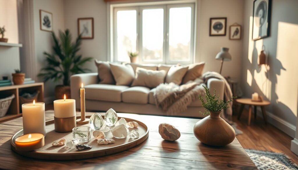 A serene interior space of a cozy home, evoking a sense of calm and tranquility. In the foreground, a beautifully arranged coffee table with candles, crystals, and a small plant, suggesting an ambiance for rituals. The middle ground features a comfortable sofa adorned with soft throw pillows and a plush blanket, inviting relaxation. A window in the background allows soft, warm sunlight to filter in, casting gentle shadows across the room. The walls are decorated with soothing, earthy tones and simple art that resonate peace. The scene is lit with natural light, creating a warm, welcoming atmosphere. This space feels harmonious and ready for spiritual practices, embodying preparation for an inner journey. Emphasize balance and order in the layout, ensuring the mood reflects hope and renewal.