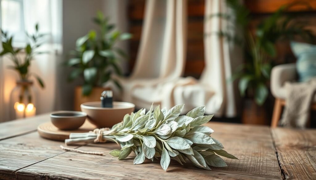 A serene interior space showcasing a bundle of white sage, or "biała szałwia," elegantly placed on a rustic wooden table. In the foreground, the sage is prominently displayed, its delicate white leaves highlighted by soft, warm lighting. The middle ground features an assortment of cleansing tools, such as a small ceramic bowl and a lighter, arranged harmoniously beside the sage. The background is a cozy, softly lit room with subtle green plants and gentle fabric drapery, evoking a peaceful atmosphere. The overall mood is calm and inviting, perfect for a cleansing ritual, with a focus on simplicity and effectiveness. The perspective is slightly elevated, providing a clear view of the sage and surrounding elements, encouraging a sense of tranquility.