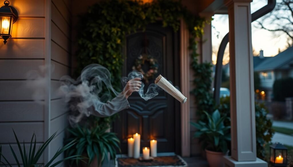 A serene, inviting home entrance during twilight, showcasing a protective rituals scene. In the foreground, a person dressed in modest casual clothing, carefully holding a smudging bundle releasing soft, swirling smoke. The middle features an ornate entrance door adorned with natural elements like herbs and crystals, creating a sense of sanctuary. Lush greenery frames the door, while a few guiding candles flicker softly in the gentle evening light. The background reveals a peaceful neighborhood, subtly blurred to enhance the focus on the ritualist and entryway. The atmosphere is tranquil and grounding, filled with a sense of spirituality and protection, captured using a warm, soft focus lens to evoke comfort and safety.