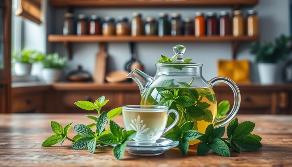 A serene kitchen setting bathed in soft, natural light, showcasing a clear glass teapot filled with a vibrant, minty green infusion. Position the teapot prominently in the foreground, surrounded by twelve lush, fresh mint leaves artistically arranged around it, each reflecting morning dew. In the middle ground, display a rustic wooden table with an elegant tea cup, ready to serve the delightful drink. The background features shelves lined with jars of spices and herbs, creating a warm and inviting atmosphere. Capture the image from a slightly elevated angle to emphasize the beauty of the mint leaves and the calming essence of the tea ritual, evoking a sense of peace and abundance. A serene kitchen setting bathed in soft, natural light, showcasing a clear glass teapot filled with a vibrant, minty green infusion. Position the teapot prominently in the foreground, surrounded by twelve lush, fresh mint leaves artistically arranged around it, each reflecting morning dew. In the middle ground, display a rustic wooden table with an elegant tea cup, ready to serve the delightful drink. The background features shelves lined with jars of spices and herbs, creating a warm and inviting atmosphere. Capture the image from a slightly elevated angle to emphasize the beauty of the mint leaves and the calming essence of the tea ritual, evoking a sense of peace and abundance.