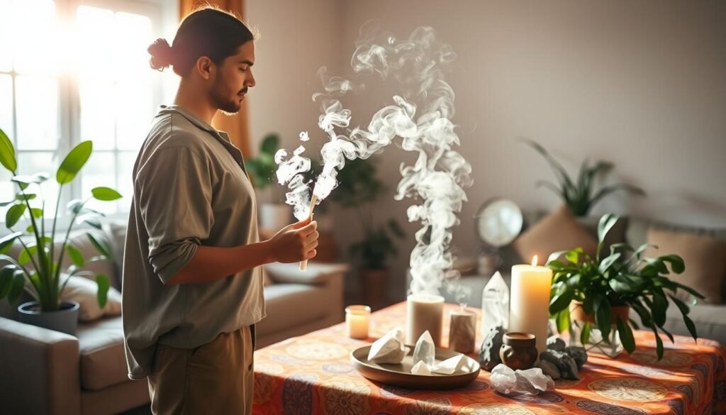A serene living room bathed in warm, soft light, showcasing the concept of energetic cleansing. In the foreground, a person dressed in modest casual clothing, calmly performing a ritual with a bundle of sage, the smoke swirling gently around them. The middle ground features an inviting setup with lush houseplants, a softly glowing candle, and crystals arranged harmoniously on a vibrant tablecloth. In the background, an open window allows sunlight to stream in, illuminating the space and creating a calm, uplifting atmosphere. The mood is peaceful and rejuvenating, reflecting a sense of renewal and cleansing energy. The image captures the essence of harmonizing space, emphasizing natural elements and tranquil aesthetics.