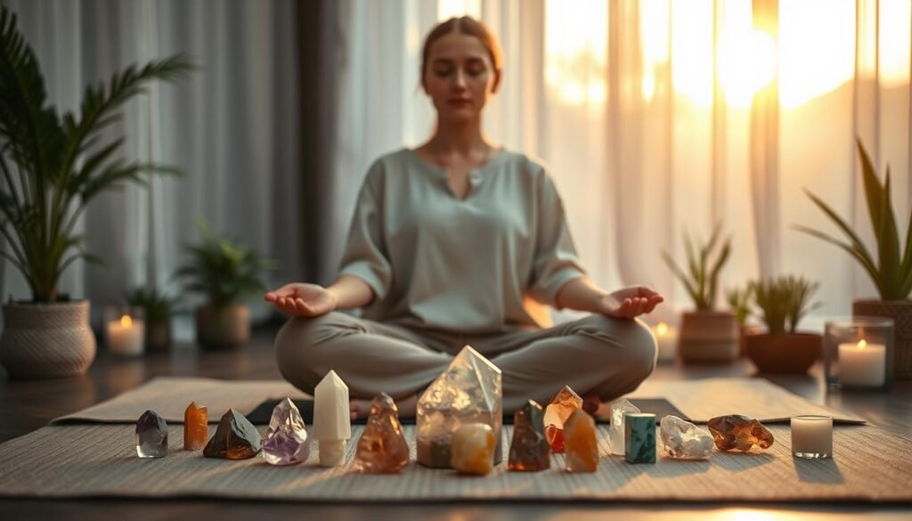 A serene meditation scene featuring a calm individual in modest, comfortable clothing, sitting cross-legged on a soft mat. The foreground includes various colorful crystals arranged symmetrically around them, glowing softly to signify energy. The middle ground shows softly blurred plants and candles that emit a warm, inviting light. In the background, a gentle sunrise casts a golden hue through translucent curtains, creating a tranquil atmosphere. The setting is peaceful and harmonious, enhancing the theme of meditation and intuitive energy work. The overall mood is calming and reflective, inviting viewers into a safe, spiritual space. The image should have soft focus, capturing the essence of mindfulness and connection with nature.