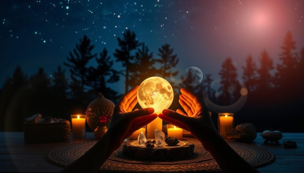 A serene meditation space illuminated by soft moonlight, featuring a beautifully arranged altar with crystals, candles, and natural elements like stones and flowers. In the foreground, delicate hands hold a glowing orb, symbolizing intention, with an expression of focus and mindfulness. Surrounding the altar, ethereal wisps of light swirl gently, creating a sense of tranquility and deeper connection. In the background, a tranquil forest silhouette under a dark blue sky filled with twinkling stars enhances the mystical ambiance. The atmosphere is calm and reflective, evoking feelings of hope and possibility. Capture this scene with a soft focus lens, emphasizing the warm glowing light while maintaining a peaceful and inviting scene.
