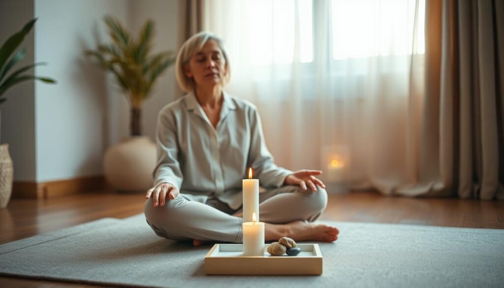 A serene moment capturing the essence of a one-minute ritual to break bad habits. In the foreground, a calm individual sits cross-legged on a soft, neutral-colored mat, eyes closed, practicing mindfulness. They are dressed in simple yet professional attire, adding a sense of tranquility. In the middle ground, a small, elegantly arranged altar featuring a candle, a few pebbles, and a small plant symbolizes focused intention. The background showcases a softly lit room with warm, natural light streaming through sheer curtains, creating a cozy atmosphere. The lens is focused on the individual, with a gentle bokeh effect in the background. The mood is peaceful, reflective, and inspiring, inviting the viewer to consider the power of small daily practices. A serene moment capturing the essence of a one-minute ritual to break bad habits. In the foreground, a calm individual sits cross-legged on a soft, neutral-colored mat, eyes closed, practicing mindfulness. They are dressed in simple yet professional attire, adding a sense of tranquility. In the middle ground, a small, elegantly arranged altar featuring a candle, a few pebbles, and a small plant symbolizes focused intention. The background showcases a softly lit room with warm, natural light streaming through sheer curtains, creating a cozy atmosphere. The lens is focused on the individual, with a gentle bokeh effect in the background. The mood is peaceful, reflective, and inspiring, inviting the viewer to consider the power of small daily practices.