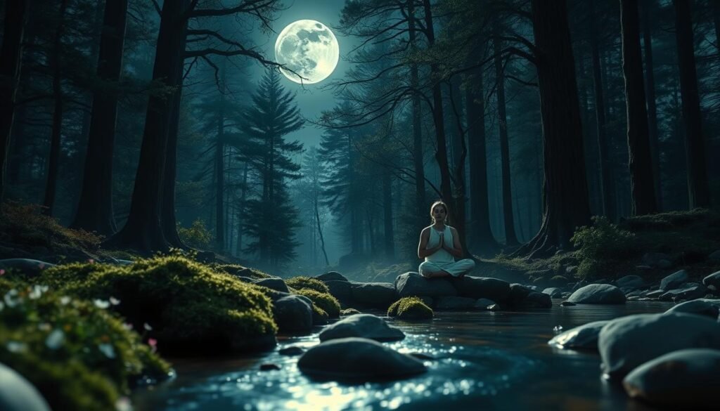 A serene moonlit forest scene, embodying a sense of calm and positive energy. In the foreground, a gentle stream reflects the full moon's light, surrounded by soft, moss-covered stones. Delicate wildflowers bloom along the water's edge, adding splashes of color. The middle ground features tall, ancient trees with their leaves subtly rustling in a light breeze, illuminated by ethereal moonlight. A figure, dressed in modest casual attire, sits cross-legged on a smooth stone, wearing a peaceful expression, meditating. The background showcases a starry night sky, with the moon casting its silvery glow, enhancing the tranquil atmosphere. The overall mood is one of serenity, balance, and harmonious energy, inviting the viewer to feel the essence of preparation for spiritual rituals. Soft lighting and a slightly blurred perspective create a dreamlike quality. A serene moonlit forest scene, embodying a sense of calm and positive energy. In the foreground, a gentle stream reflects the full moon's light, surrounded by soft, moss-covered stones. Delicate wildflowers bloom along the water's edge, adding splashes of color. The middle ground features tall, ancient trees with their leaves subtly rustling in a light breeze, illuminated by ethereal moonlight. A figure, dressed in modest casual attire, sits cross-legged on a smooth stone, wearing a peaceful expression, meditating. The background showcases a starry night sky, with the moon casting its silvery glow, enhancing the tranquil atmosphere. The overall mood is one of serenity, balance, and harmonious energy, inviting the viewer to feel the essence of preparation for spiritual rituals. Soft lighting and a slightly blurred perspective create a dreamlike quality.