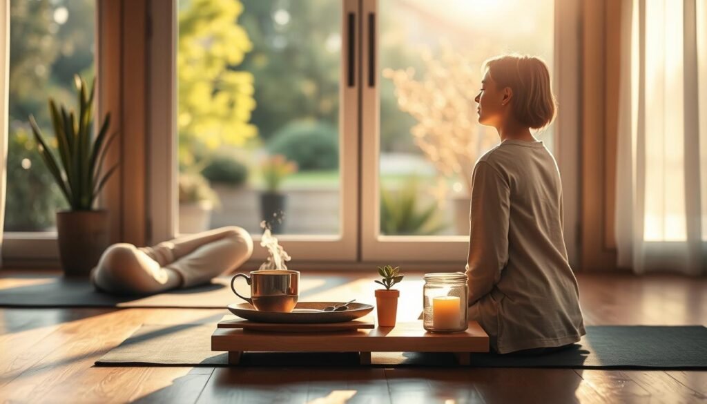 A serene morning ritual scene capturing the essence of a peaceful start to the week. In the foreground, a person dressed in modest, comfortable clothing sits cross-legged on a yoga mat, looking peaceful while meditating. Soft morning sunlight filters through a large window, casting gentle shadows on a wooden floor. In the middle ground, a small low table is adorned with a steaming cup of herbal tea, a lit candle, and a small potted plant, symbolizing mindfulness and intention. The background features a softly blurred view of a tranquil garden, enhancing the calming atmosphere. The overall mood is one of tranquility and reflection, inviting viewers to embrace their own morning rituals. The image is bathed in warm, soft lighting, evoking a sense of calm and focus.