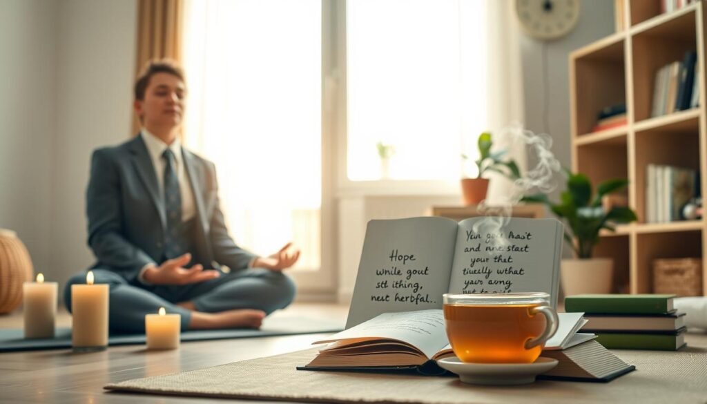 A serene morning ritual setting that captures the essence of starting a new week positively. In the foreground, a person in professional business attire sits cross-legged on a yoga mat, inhaling a deep breath, surrounded by candles and a small potted plant. In the middle ground, a sunlit window casts soft, warm light, illuminating an open journal with handwritten affirmations and a steaming cup of herbal tea. The background features a calm home environment, with light wooden shelves lined with inspirational books and a gentle green indoor plant. The overall atmosphere conveys tranquility, hope, and focus, suggesting a peaceful yet energized start to the week. Emphasize soft lighting and a warm color palette to enhance the inviting mood.