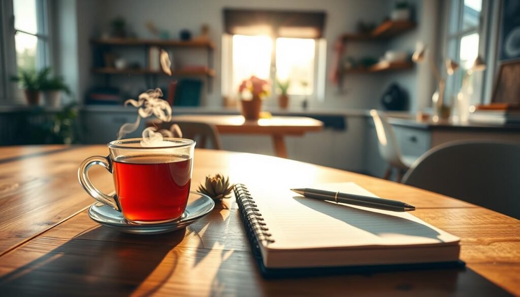 A serene morning scene capturing a cozy ritual for the start of the week. In the foreground, a wooden table with a steaming cup of herbal tea beside a neatly arranged journal and a pen, suggesting mindfulness and planning. The middle ground features a well-lit, inviting kitchen space with soft sunlight pouring in through a window, illuminating fresh flowers and a small potted plant, symbolizing growth and new beginnings. In the background, shelves with books and calming decor create a peaceful atmosphere. The mood is tranquil and introspective, designed to inspire reflection and motivation. Soft focus, warm lighting, and an inviting angle enhance the feeling of a nurturing morning routine that sets a positive tone for the day ahead.