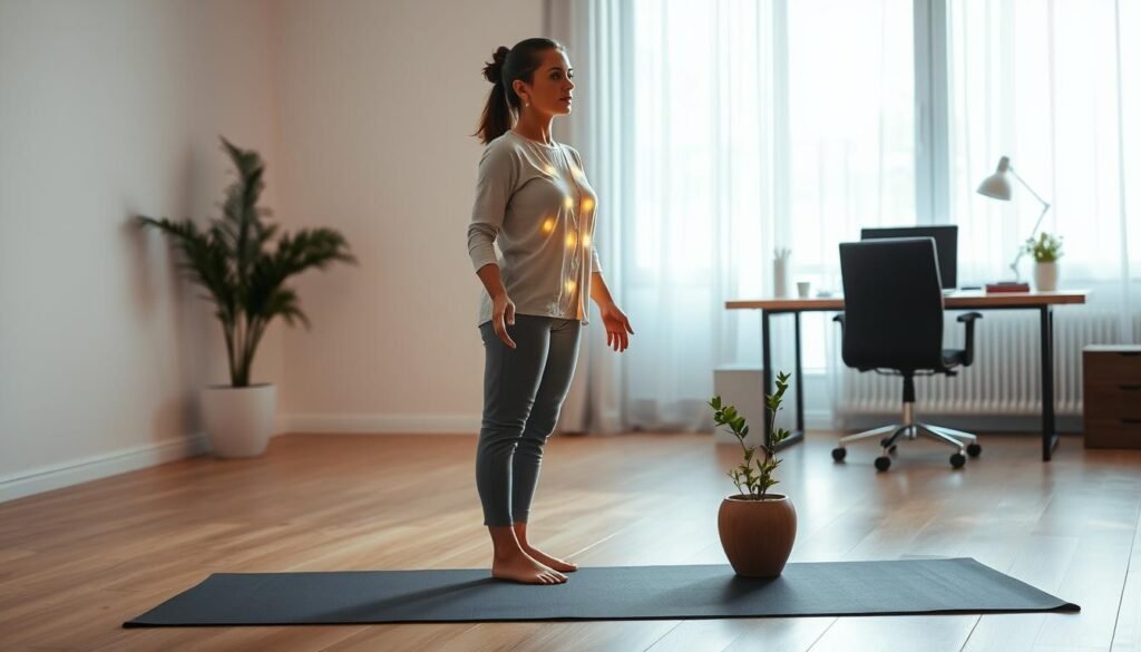 A serene morning scene showing a professional woman in modest casual clothing, standing in a softly lit room. She is performing an energetic body scan, with gentle, glowing lines of light outlining her silhouette, symbolizing the flow of energy. In the foreground, a yoga mat is laid out, and a small potted plant adds a touch of nature. The middle ground features a window with soft sunlight filtering through sheer curtains, creating a warm atmosphere. The background contains subtle hints of a modern workspace, like a desk and a laptop, maintaining focus on her energy scan. The overall mood is calming and introspective, capturing the essence of a mindful morning routine. A serene morning scene showing a professional woman in modest casual clothing, standing in a softly lit room. She is performing an energetic body scan, with gentle, glowing lines of light outlining her silhouette, symbolizing the flow of energy. In the foreground, a yoga mat is laid out, and a small potted plant adds a touch of nature. The middle ground features a window with soft sunlight filtering through sheer curtains, creating a warm atmosphere. The background contains subtle hints of a modern workspace, like a desk and a laptop, maintaining focus on her energy scan. The overall mood is calming and introspective, capturing the essence of a mindful morning routine.