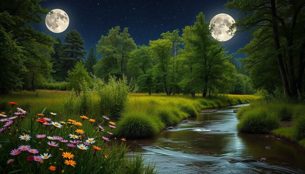 A serene natural landscape focusing on a tranquil forest clearing bathed in soft moonlight. In the foreground, clusters of wildflowers bloom in vibrant colors, while a smooth, gently flowing stream reflects the shimmering light. The middle ground features a collection of lush green trees with delicate leaves rustling in a gentle breeze. In the background, a silvery full moon is framed by a canopy of stars peeking through, casting a mystical glow. The atmosphere is calm and reflective, inviting a sense of peace and connection to nature. The scene is captured from a slightly elevated angle, emphasizing the spaciousness of the clearing, with soft, diffused lighting that enhances the tranquil mood of the moment. A serene natural landscape focusing on a tranquil forest clearing bathed in soft moonlight. In the foreground, clusters of wildflowers bloom in vibrant colors, while a smooth, gently flowing stream reflects the shimmering light. The middle ground features a collection of lush green trees with delicate leaves rustling in a gentle breeze. In the background, a silvery full moon is framed by a canopy of stars peeking through, casting a mystical glow. The atmosphere is calm and reflective, inviting a sense of peace and connection to nature. The scene is captured from a slightly elevated angle, emphasizing the spaciousness of the clearing, with soft, diffused lighting that enhances the tranquil mood of the moment.