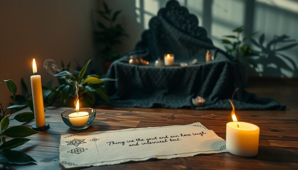 A serene new moon ritual scene set in a softly lit room. In the foreground, a lit candle flickers gently next to a small bowl of incense, emitting wispy tendrils of smoke. A piece of parchment lies on a wooden table, adorned with delicate symbols and a neatly written intention. Surrounding the table are lush green plants and crystals that catch the candlelight, creating a tranquil atmosphere. The middle ground features an ornate altar draped with a dark, textured cloth, illuminated by the warm glow of the candle. In the background, shadows dance on the walls, enhancing the ethereal feel of the space. The overall mood is calm, reflective, and infused with a sense of purpose, ideal for setting intentions under the new moon.