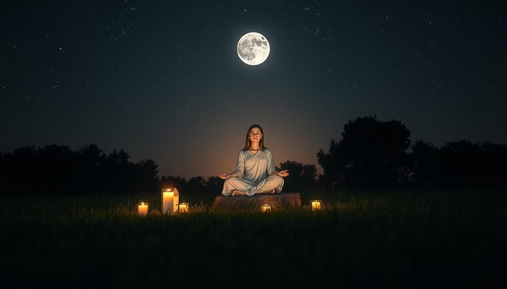 A serene night sky during the new moon, with soft, ethereal light illuminating a tranquil landscape. In the foreground, a peaceful figure in modest, flowing attire sits cross-legged on a natural stone, eyes closed in meditation, surrounded by gentle blossoms and flickering candles. The middle ground features lush grass and softly glowing crystals, symbolizing new beginnings and intentions. In the background, dark silhouettes of trees under a star-speckled sky create a calming atmosphere, while the new moon casts a subtle, silvery glow. The overall mood is one of tranquility, introspection, and the promise of new possibilities. Soft, diffused lighting enhances the dreamlike quality, inviting viewers to connect with the energy of the moon's cycles.