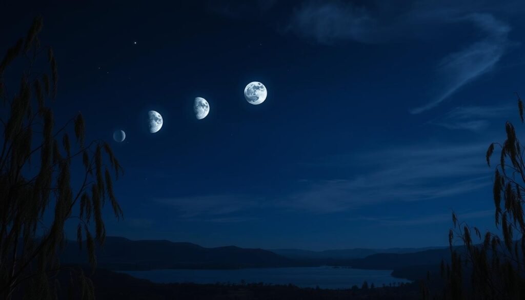 A serene night sky showcasing the various phases of the full moon, transitioning from waxing to waning, casting its silvery glow. In the foreground, delicate silhouettes of willow trees frame the scene, their leaves softly illuminated by moonlight. The middle ground features a tranquil lake, reflecting the moon phases and twinkling stars, enhancing the ethereal atmosphere. In the background, gentle hills undulate under a deep indigo sky, with wisps of clouds adding texture to the vastness above. The lighting is soft and ambient, creating a mystical mood. Capture it as if viewed through a wide-angle lens, emphasizing the expansive feel of the night, ideal for a ritualistic theme focused on lunar energies.