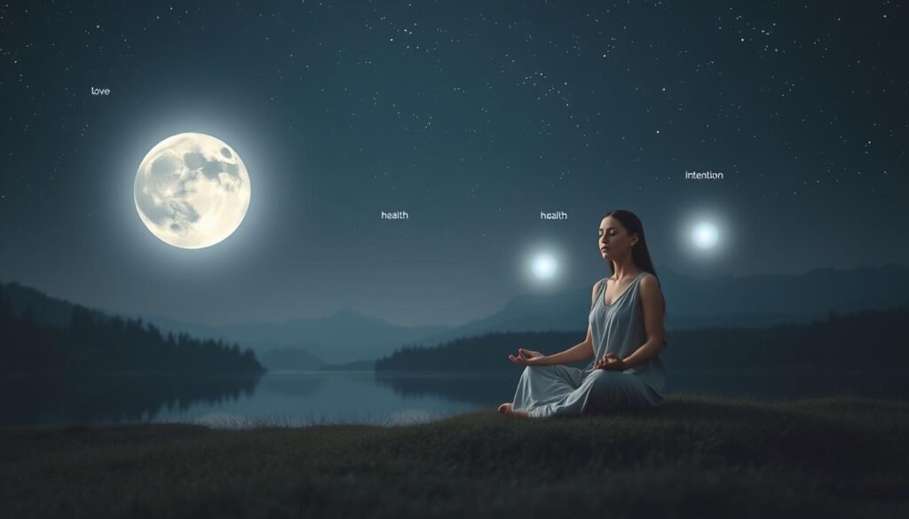 A serene nighttime scene depicting a full moon glowing brightly in a star-filled sky, casting a gentle silver light over a tranquil landscape. In the foreground, a peaceful figure sits cross-legged on a soft grassy patch, wearing modest, flowing clothing, meditating with hands resting on their knees. Their expression is calm and focused, reflecting intention and mindfulness. Surrounding them are soft glowing orbs of light representing different intentions, such as love, health, and prosperity. In the middle ground, a clear, still lake mirrors the moonlight, creating a sense of harmony and balance. The background features softly silhouetted trees and mountains under the luminous sky, establishing a magical and contemplative atmosphere. The lighting is soft and ethereal, conveying tranquility and introspection. A serene nighttime scene depicting a full moon glowing brightly in a star-filled sky, casting a gentle silver light over a tranquil landscape. In the foreground, a peaceful figure sits cross-legged on a soft grassy patch, wearing modest, flowing clothing, meditating with hands resting on their knees. Their expression is calm and focused, reflecting intention and mindfulness. Surrounding them are soft glowing orbs of light representing different intentions, such as love, health, and prosperity. In the middle ground, a clear, still lake mirrors the moonlight, creating a sense of harmony and balance. The background features softly silhouetted trees and mountains under the luminous sky, establishing a magical and contemplative atmosphere. The lighting is soft and ethereal, conveying tranquility and introspection.