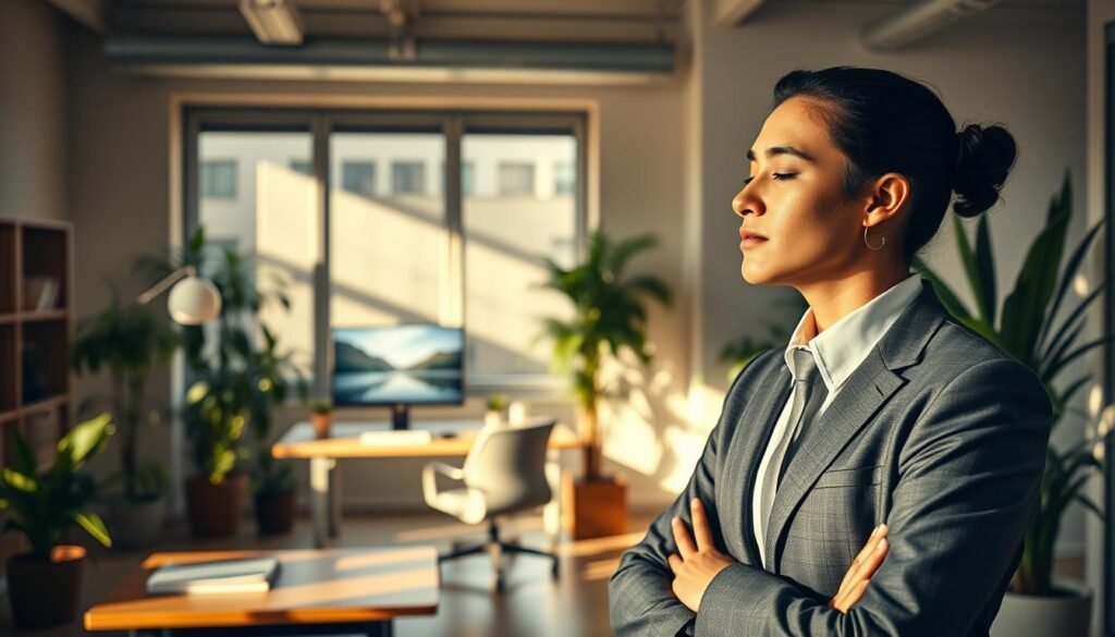 A serene office environment that conveys the essence of energy protection after entering the workspace. In the foreground, a professional individual dressed in smart business attire, taking a mindful pause, hands clasped together in reflection. The middle of the image features a cozy, well-lit office with plants, a desk organized with stationery, and a computer displaying a calming wallpaper. In the background, large windows allow natural light to flood in, casting soft shadows. The ambiance is tranquil, suggesting a balance of productivity and calm. The lighting is warm and inviting, creating a peaceful atmosphere that encourages focus and energy maintenance throughout the workday. A serene office environment that conveys the essence of energy protection after entering the workspace. In the foreground, a professional individual dressed in smart business attire, taking a mindful pause, hands clasped together in reflection. The middle of the image features a cozy, well-lit office with plants, a desk organized with stationery, and a computer displaying a calming wallpaper. In the background, large windows allow natural light to flood in, casting soft shadows. The ambiance is tranquil, suggesting a balance of productivity and calm. The lighting is warm and inviting, creating a peaceful atmosphere that encourages focus and energy maintenance throughout the workday.