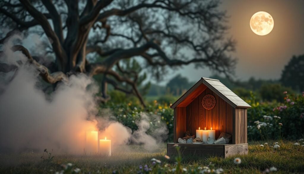 A serene outdoor setting under a full moon, symbolizing closure and new beginnings. In the foreground, a small wooden altar adorned with candles and crystals, radiating warm light. Ethereal mist surrounds the altar, adding mystery. In the middle ground, lush greenery and wildflowers, creating a peaceful atmosphere, with soft, enchanting hues reflecting moonlight. A wise old oak tree stands majestically in the background, its branches reaching towards the sky, embodying strength and resilience. The moon casts a gentle glow, illuminating the scene, creating a tranquil mood of reflection and intention-setting. The composition captures the beauty of nature, inviting viewers to connect with their emotions and embrace change. The lens perspective is slightly elevated to capture all elements harmoniously. A serene outdoor setting under a full moon, symbolizing closure and new beginnings. In the foreground, a small wooden altar adorned with candles and crystals, radiating warm light. Ethereal mist surrounds the altar, adding mystery. In the middle ground, lush greenery and wildflowers, creating a peaceful atmosphere, with soft, enchanting hues reflecting moonlight. A wise old oak tree stands majestically in the background, its branches reaching towards the sky, embodying strength and resilience. The moon casts a gentle glow, illuminating the scene, creating a tranquil mood of reflection and intention-setting. The composition captures the beauty of nature, inviting viewers to connect with their emotions and embrace change. The lens perspective is slightly elevated to capture all elements harmoniously.