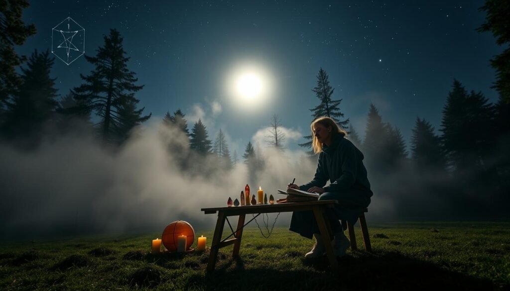 A serene outdoor setting under a glowing full moon, casting soft, silver light on a peaceful clearing. In the foreground, a simple wooden table is adorned with candles, crystals, and a journal, symbolizing intention and focus. A figure dressed in modest, casual clothing sits at the table, thoughtfully arranging items for a ritual, their expression calm and reflective. Surrounding the scene, ethereal mist dances among tall trees, creating an atmosphere of tranquility and introspection. The night sky is dotted with twinkling stars, adding a sense of wonder and depth. The image should be illuminated softly, enhancing the reflective mood, captured from a slightly elevated angle to provide a panoramic view of this harmonious setup. A serene outdoor setting under a glowing full moon, casting soft, silver light on a peaceful clearing. In the foreground, a simple wooden table is adorned with candles, crystals, and a journal, symbolizing intention and focus. A figure dressed in modest, casual clothing sits at the table, thoughtfully arranging items for a ritual, their expression calm and reflective. Surrounding the scene, ethereal mist dances among tall trees, creating an atmosphere of tranquility and introspection. The night sky is dotted with twinkling stars, adding a sense of wonder and depth. The image should be illuminated softly, enhancing the reflective mood, captured from a slightly elevated angle to provide a panoramic view of this harmonious setup.