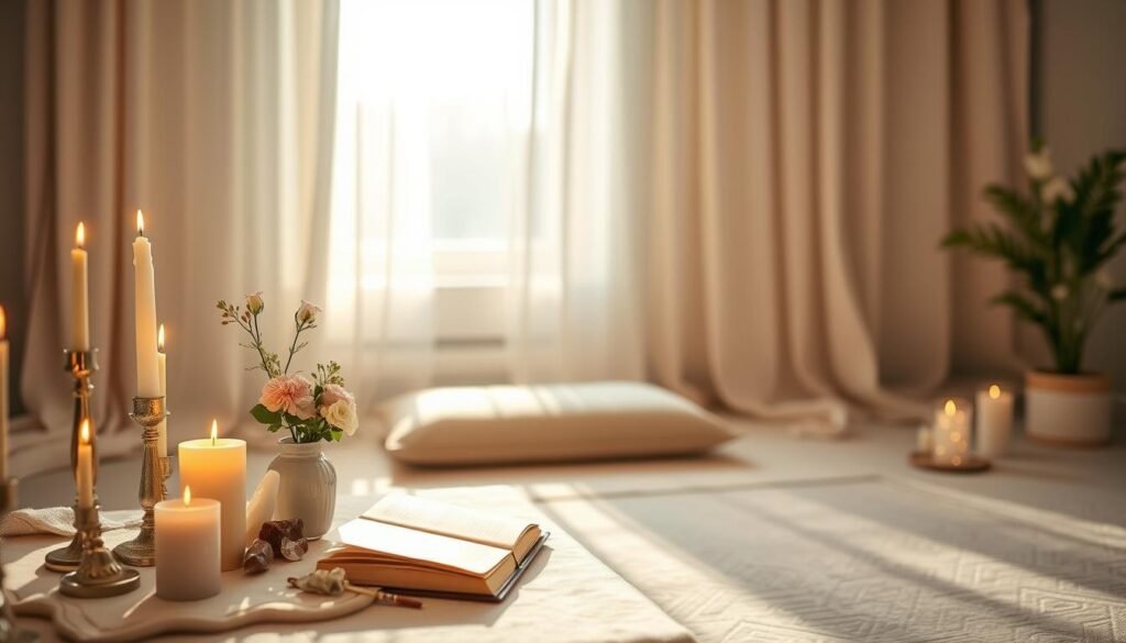 A serene ritual preparation scene set in a softly lit room. In the foreground, an elegantly arranged altar features candles, crystals, and a small vase with fresh flowers, emanating warmth and inviting energy. The middle ground shows a low table with a cozy meditation cushion and an open journal, symbolizing intention-setting. In the background, a window allows gentle natural light to filter through sheer curtains, creating a tranquil atmosphere. The color palette consists of pastel shades, fostering a sense of calm and safety. Subtle shadows add depth to the scene. The overall mood is peaceful, encouraging self-reflection and emotional safety in preparation for a love attraction ritual, promoting a nurturing and supportive environment.