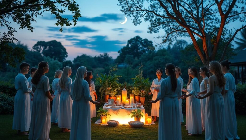 A serene ritual scene depicting "energy cleansing" at the end of the year. In the foreground, a diverse group of individuals dressed in modest, flowing white garments, standing in a circle, holding hands in a meditative pose. In the middle ground, a softly glowing altar adorned with natural elements like crystals, candles, and green foliage, radiating gentle light. The background features a tranquil outdoor setting, with lush greenery and a twilight sky, illuminated by stars and a crescent moon, creating a sense of peace and reflection. Soft, ethereal lighting filters through the trees, enhancing the sacred atmosphere. Capture the mood of gratitude and intention, focusing on harmony and energy flow within the gathering.