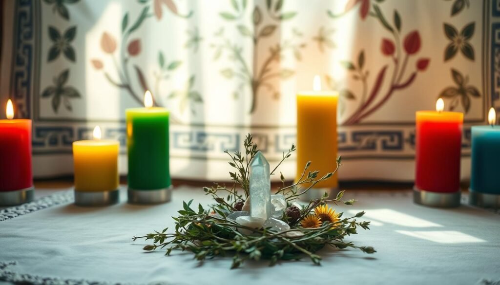 A serene ritual setting featuring a beautifully arranged altar with an array of intention candles in vibrant colors: rich red, deep green, soft yellow, and calming blue. In the foreground, the candles are lit, casting a warm, flickering glow that creates dancing shadows. The middle section showcases delicate, intertwining herbs and crystals placed strategically around the base of the candles, symbolizing the unity of their energies. In the background, a softly blurred tapestry with botanical motifs enhances the atmosphere, while faint rays of natural light stream in, adding a touch of ethereal beauty. The overall mood is tranquil and harmonious, inviting the viewer to engage with the spiritual practice of color blending in rituals. A serene ritual setting featuring a beautifully arranged altar with an array of intention candles in vibrant colors: rich red, deep green, soft yellow, and calming blue. In the foreground, the candles are lit, casting a warm, flickering glow that creates dancing shadows. The middle section showcases delicate, intertwining herbs and crystals placed strategically around the base of the candles, symbolizing the unity of their energies. In the background, a softly blurred tapestry with botanical motifs enhances the atmosphere, while faint rays of natural light stream in, adding a touch of ethereal beauty. The overall mood is tranquil and harmonious, inviting the viewer to engage with the spiritual practice of color blending in rituals.