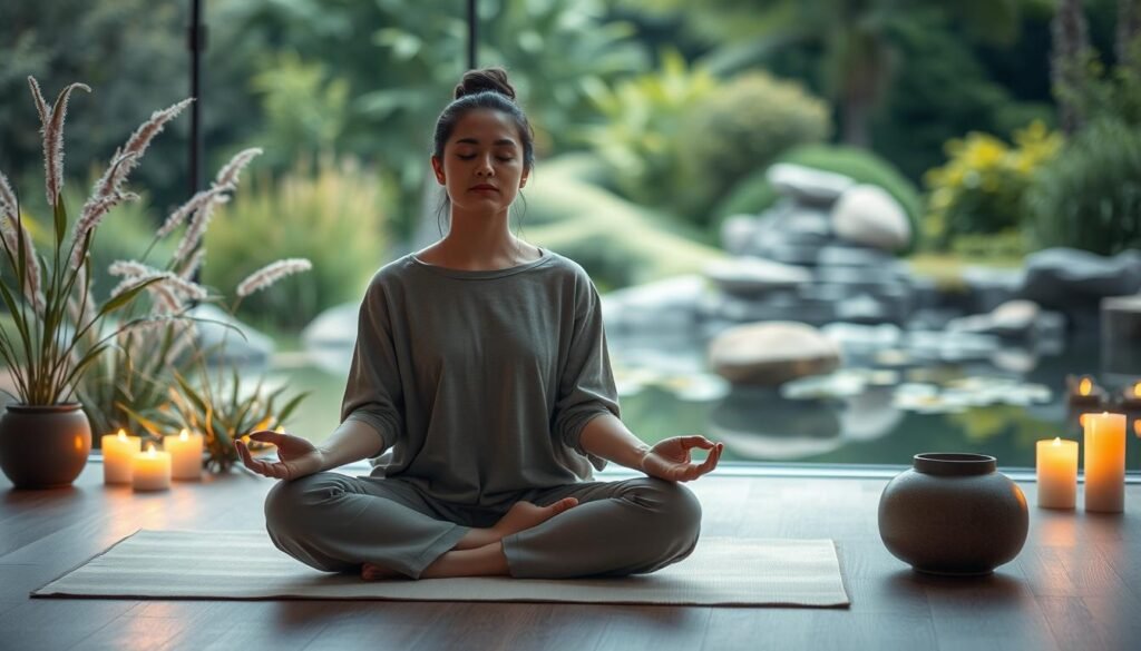 A serene scene depicting a person meditating in a peaceful environment, symbolizing self-improvement and mindfulness. In the foreground, a person dressed in modest, comfortable clothing sits cross-legged on a softly lit mat, eyes closed, embodying calmness. The middle layer includes gentle, flowing plants and soft candles that cast a warm glow, accentuating the sense of tranquility. The background features a softly blurred natural landscape with lush greenery and a tranquil water feature, inviting a feeling of connection to nature. The lighting is soft and diffused, creating a warm, inviting atmosphere that encourages reflection and positivity. The overall mood is one of serenity and mindfulness, perfect for illustrating conscious efforts to improve one’s karma in daily life. A serene scene depicting a person meditating in a peaceful environment, symbolizing self-improvement and mindfulness. In the foreground, a person dressed in modest, comfortable clothing sits cross-legged on a softly lit mat, eyes closed, embodying calmness. The middle layer includes gentle, flowing plants and soft candles that cast a warm glow, accentuating the sense of tranquility. The background features a softly blurred natural landscape with lush greenery and a tranquil water feature, inviting a feeling of connection to nature. The lighting is soft and diffused, creating a warm, inviting atmosphere that encourages reflection and positivity. The overall mood is one of serenity and mindfulness, perfect for illustrating conscious efforts to improve one’s karma in daily life.