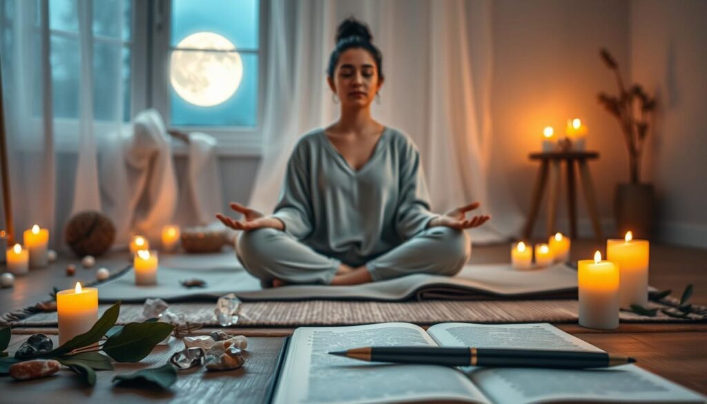 A serene scene depicting a person sitting cross-legged on a soft mat in a tranquil space surrounded by soft candlelight. The individual, dressed in modest, comfortable clothing, is engaged in meditation with their eyes closed and a peaceful expression. In the foreground, scattered crystals and natural elements like leaves enhance the calming atmosphere. In the middle ground, a journal lies open, with a pen resting on it, symbolizing intention-setting and visualization. The background features a softly glowing moon through a window, casting a gentle light throughout the room. The overall mood is one of tranquility and introspection, inviting a sense of connection with the energies of the new moon. Soft focus and warm lighting add to the comforting, peaceful ambiance.