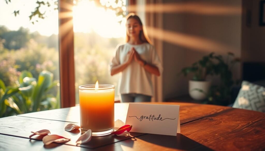 A serene scene depicting the essence of "gratitude." In the foreground, a glowing, amber-colored candle sits on a wooden table, surrounded by soft petals and a delicate, handwritten intention note. The middle ground features a peaceful figure in modest casual attire, eyes closed, hands gently clasped in front of their heart, radiating warmth and positive energy. In the background, a sunlit window reveals a sprawling garden, bathes the space in soft, golden light, enhancing the atmosphere of tranquility and spiritual focus. Gentle rays filter through the leaves, creating dappled shadows, symbolizing connection and harmony. The overall mood is uplifting and harmonious, inviting the viewer to embrace the ritual of intention and the powerful energy of gratitude.