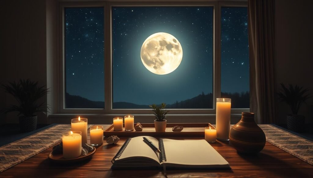 A serene scene depicting the full moon illuminating a tranquil business workspace set in a peaceful environment. In the foreground, a beautifully arranged altar featuring candles, crystals, and calming incense, softly glowing in the moonlight. In the middle, a wooden table with a notebook, pen, and a small plant, symbolizing growth and intention setting. In the background, large windows reveal a night sky filled with stars, enhancing the atmosphere of reflection and focus. The soft, ambient lighting creates a calm and inviting mood. The overall composition conveys a sense of preparation and serenity, ideal for a ritual aimed at attracting clients. Shot with a wide-angle lens to capture the entirety of the space, ensuring a harmonious balance between elements. A serene scene depicting the full moon illuminating a tranquil business workspace set in a peaceful environment. In the foreground, a beautifully arranged altar featuring candles, crystals, and calming incense, softly glowing in the moonlight. In the middle, a wooden table with a notebook, pen, and a small plant, symbolizing growth and intention setting. In the background, large windows reveal a night sky filled with stars, enhancing the atmosphere of reflection and focus. The soft, ambient lighting creates a calm and inviting mood. The overall composition conveys a sense of preparation and serenity, ideal for a ritual aimed at attracting clients. Shot with a wide-angle lens to capture the entirety of the space, ensuring a harmonious balance between elements.