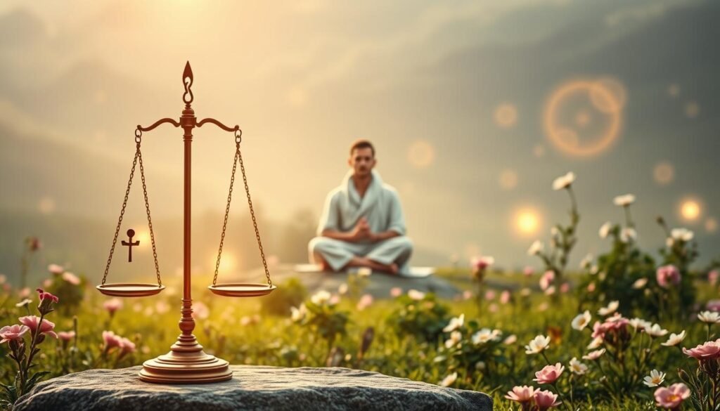 A serene scene illustrating the concept of karma in an esoteric context. In the foreground, a balanced scale symbolizes justice, adorned with mystical symbols like the yin-yang and ankh, surrounded by gentle, swirling energy. The middle ground features a meditative figure dressed in modest, flowing robes, seated in a lotus position, radiating calmness and deeper understanding, with hands resting on their knees. The background showcases an ethereal landscape, with softly glowing orbs of light floating amidst lush greenery and blooming flowers, suggesting growth and renewal. Soft, diffused lighting bathes the scene in warm tones, creating an inviting and tranquil atmosphere, evoking a sense of enlightenment and introspection. The camera perspective is slightly elevated, offering a panoramic view of this harmonious setting, inviting the viewer to reflect on the significance of karma in their life. A serene scene illustrating the concept of karma in an esoteric context. In the foreground, a balanced scale symbolizes justice, adorned with mystical symbols like the yin-yang and ankh, surrounded by gentle, swirling energy. The middle ground features a meditative figure dressed in modest, flowing robes, seated in a lotus position, radiating calmness and deeper understanding, with hands resting on their knees. The background showcases an ethereal landscape, with softly glowing orbs of light floating amidst lush greenery and blooming flowers, suggesting growth and renewal. Soft, diffused lighting bathes the scene in warm tones, creating an inviting and tranquil atmosphere, evoking a sense of enlightenment and introspection. The camera perspective is slightly elevated, offering a panoramic view of this harmonious setting, inviting the viewer to reflect on the significance of karma in their life.