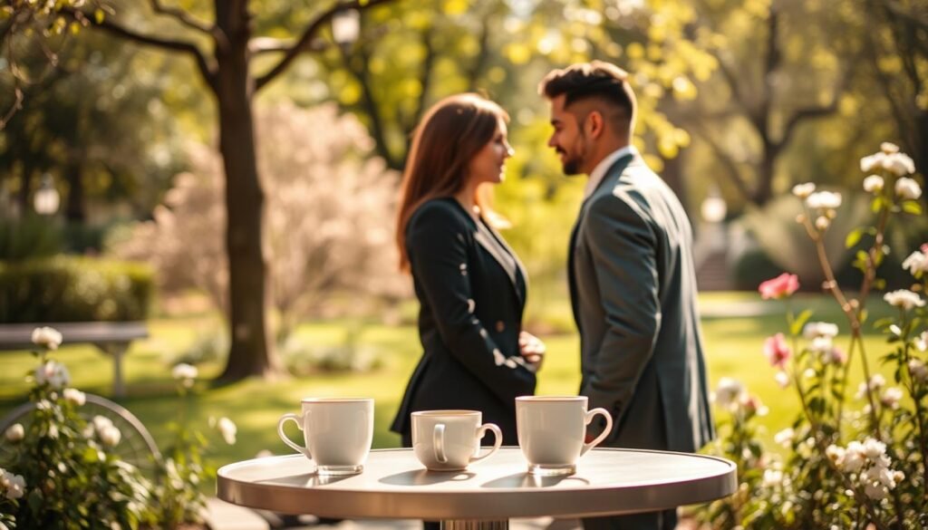 A serene setting depicting two individuals, a woman and a man, engaged in a heartfelt conversation in a sunlit park. The foreground features a small table with two cups of tea, symbolizing connection. The middle section showcases the couple, dressed in professional business attire, leaning slightly toward each other with attentive expressions, conveying both understanding and contemplation. In the background, soft greenery and blooming flowers create a tranquil atmosphere, enhancing the theme of emotional clarity. The lighting is warm and inviting, casting gentle shadows, and the angle is slightly elevated to capture the intimate moment between the individuals. The overall mood is reflective and encourages introspection about relationships, conveying the delicate balance between reconciliation and moving on.