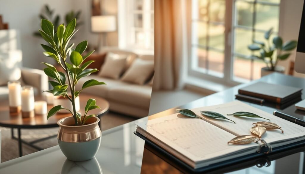 A serene split-scene image focusing on the symbolism of bay leaves for financial luck in both a workplace and a home environment. In the foreground, a stylish desk with a neatly organized planner featuring bay leaves placed thoughtfully among stationery items, gleaming in soft, warm lighting. To the left, a cozy living room with a small potted bay leaf plant on a coffee table, surrounded by calming decor including candles and soft textures, hinting at a nurturing atmosphere. In the background, a window reveals a pleasant daylight scene outside, enhancing the inviting and hopeful mood. The image should reflect tranquility and prosperity, captured in a medium shot with a slight angle, using natural lighting to evoke a feeling of warmth and comfort, suitable for both professional and home settings. A serene split-scene image focusing on the symbolism of bay leaves for financial luck in both a workplace and a home environment. In the foreground, a stylish desk with a neatly organized planner featuring bay leaves placed thoughtfully among stationery items, gleaming in soft, warm lighting. To the left, a cozy living room with a small potted bay leaf plant on a coffee table, surrounded by calming decor including candles and soft textures, hinting at a nurturing atmosphere. In the background, a window reveals a pleasant daylight scene outside, enhancing the inviting and hopeful mood. The image should reflect tranquility and prosperity, captured in a medium shot with a slight angle, using natural lighting to evoke a feeling of warmth and comfort, suitable for both professional and home settings.