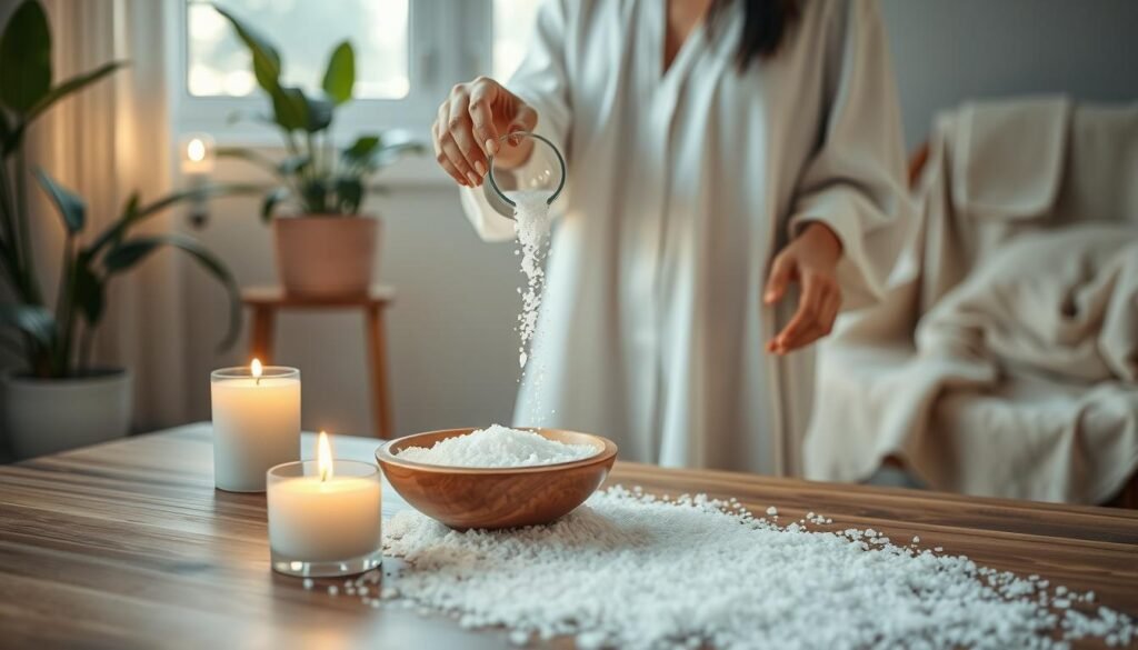 A serene, step-by-step ritual scene centered around the cleansing power of salt. In the foreground, a wooden table displays a small bowl of coarse sea salt and a lit white candle, casting a warm, flickering glow. In the middle ground, an elegantly dressed individual, wearing a modest white cotton tunic, is gently pouring salt into a clear glass container, with focused intent. Soft, natural light filters through a nearby window, illuminating the serene atmosphere. The background features calming elements like an indoor plant and a softly textured fabric draped on a chair, enhancing the peaceful energy of the setting. The mood is tranquil and spiritual, reflecting a deep connection to cleansing rituals and energy protection. A serene, step-by-step ritual scene centered around the cleansing power of salt. In the foreground, a wooden table displays a small bowl of coarse sea salt and a lit white candle, casting a warm, flickering glow. In the middle ground, an elegantly dressed individual, wearing a modest white cotton tunic, is gently pouring salt into a clear glass container, with focused intent. Soft, natural light filters through a nearby window, illuminating the serene atmosphere. The background features calming elements like an indoor plant and a softly textured fabric draped on a chair, enhancing the peaceful energy of the setting. The mood is tranquil and spiritual, reflecting a deep connection to cleansing rituals and energy protection.